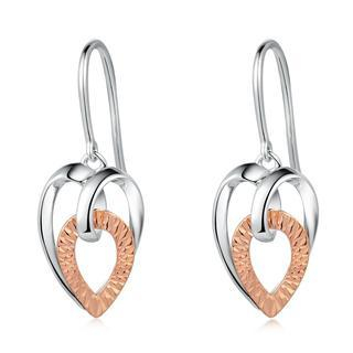 MaBelle 14K Italian Rose and White Gold Double Heart Dangle Hook Earrings