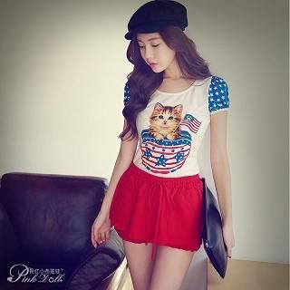 Dabuwawa Puff-Sleeve Cat-Print T-Shirt