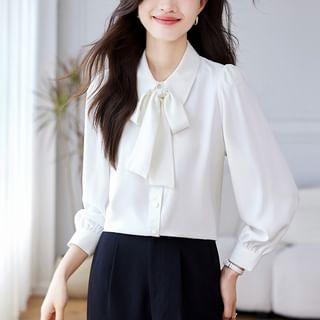 Long-Sleeve Tie-Neck Plain Shirt