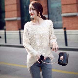 Sherbo Flower Applique Furry-Knit Sweater