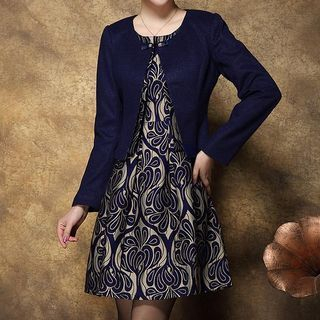 Sayumi Set: Patterned Woolen Dress + Plain Cardigan