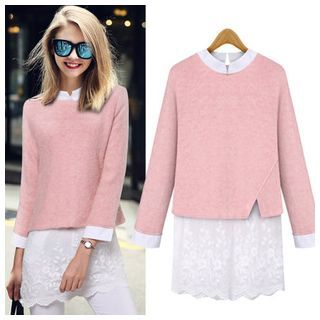 Cherry Dress Mock Two-Piece Long-Sleeve Lace Panel Top