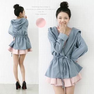 Hooded Drawstring-Waist Denim Jacket