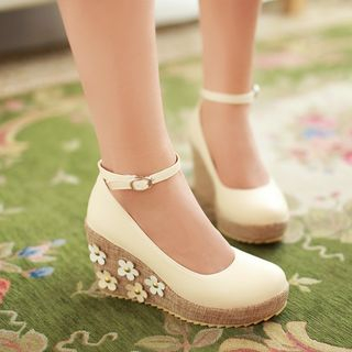 Pretty in Boots Flower Accent Ankle Strap Wedge Pumps