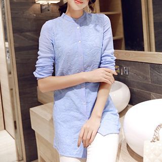 Athena Long-Sleeve Mandarin-Collar Long Blouse