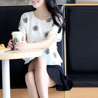 YIJINGMEI Embroidered Short-Sleeve Chiffon Top