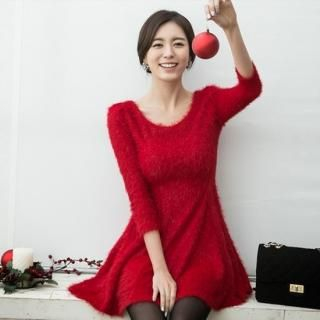 ode' 3/4-Sleeve A-Line Furry Knit Top