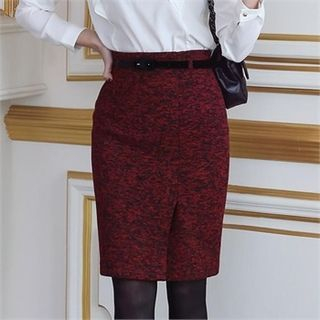 ode' Patterned Wool Blend Pencil Skirt with Belt