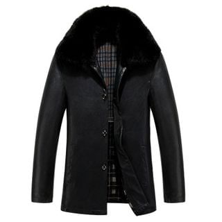 Modpop Furry Collar Genuine Leather Jacket