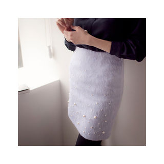 MASoeur Faux-Pearl Beaded Wool Blend Skirt