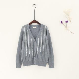 11.STREET Striped-Trim Lace Knit Cardigan
