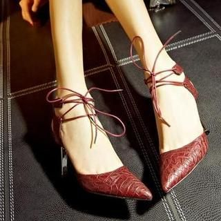 JY Shoes Croc-Grain Lace-Up Heeled Sandals