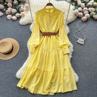 Image of Long-Sleeve Round-Neck Plain Cutout Embroidered Dress