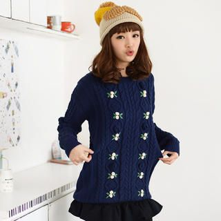 59 Seconds Rosette-Accent Cable-Knit Sweater