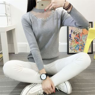 Weaverbird Mock-Neck Lace Panel Knit Top