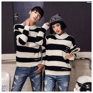 Simpair Matching Couple Striped Mock Neck Sweater