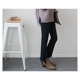 demavie Fringe-Hem Brushed-Fleece Boots-Cut Jeans