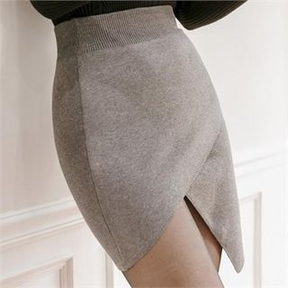 Attrangs Asymmetric-Hem Knit Mini Skirt