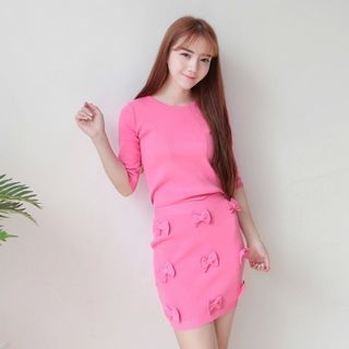 AC Set: Elbow-Sleeved Knit Top + Ribbon-Accent Skirt