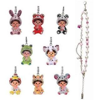 Pink Crystal Pearls and Ring Chains Bracelet with Animal MCC Monchhichi