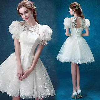 Angel Bridal Puff-Sleeve Lace Party Dress