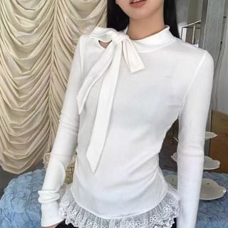 Long Sleeve Tie Neck Plain Panel Lace Top