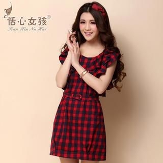 Kaven Dream Frilled-Trim Plaid Dress With Sash Red - One Size