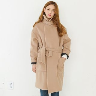 Envy Look Funnel-Neck Open-Front Coat with Sash
