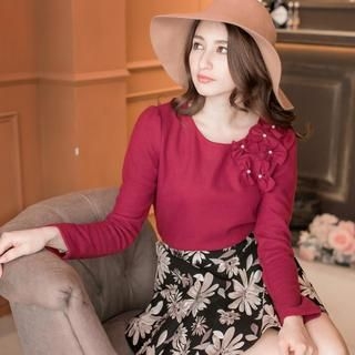 Tokyo Fashion Long-Sleeve Beaded Bow-Accent Top