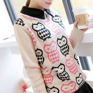 Coolvibe Double-Collar Owl Pattern Sweater