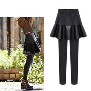 VIZZI Inset Faux Leather Panel A-Line Skirt Leggings