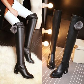 JY Shoes Block Heel Furry Ball Accent Over The Knee Boots