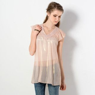 YesStyle Z Sheer Flutter-Sleeve Top Pink - One Size