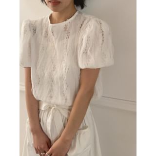 Puff-Sleeve Plain Mesh Eyelet Lace Blouse