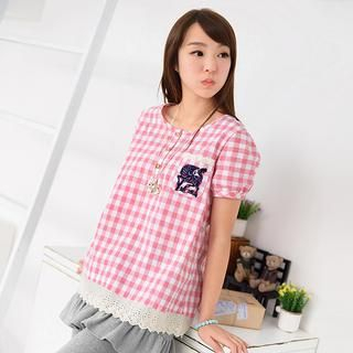 59 Seconds Short-Sleeve Horse Embroidered Gingham Top Pink - Ones Size
