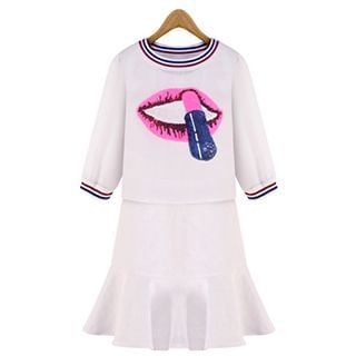 Cherry Dress Set : 3/4-Sleeve Lip Printed Top + Mermaid Skirt