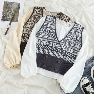 Plain Long-sleeve Blouse / Pattern Knit Vest