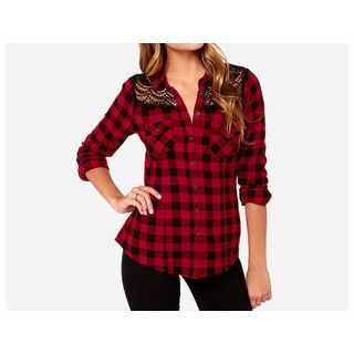 Richcoco Long Sleeved Gingham Lace Panel Shirt