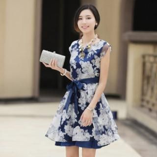 Halona Short-Sleeve Tie-Waist Floral Dress