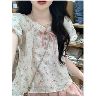 Short-Sleeve Floral Bow Blouse Floral - White - One Size