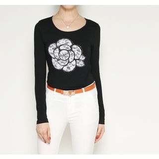 Zyote Rhinestone Lace Flower Pattern T-Shirt