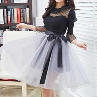 Romantica Set: Lace-Panel Top + Bow-Accent Tulle-Overlay Skirt