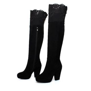 JY Shoes Genuine Leather Block Heel Lace Trim Over-the-knee Boots