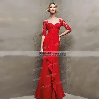 Angel Bridal Elbow-Sleeve Paneled Evening Gown