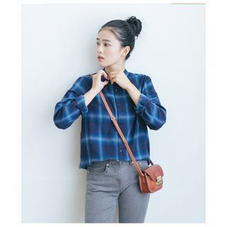 Kirito Stand-collar Plaid Long-Sleeve Blouse
