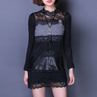 lilygirl Long-Sleeve Faux Leather Lace Panel Dress