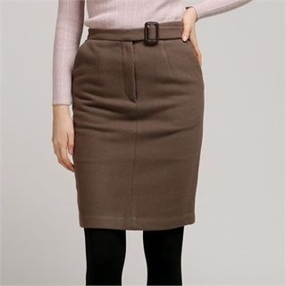 MAGJAY Wool Blend Belt-Accent Pencil Skirt