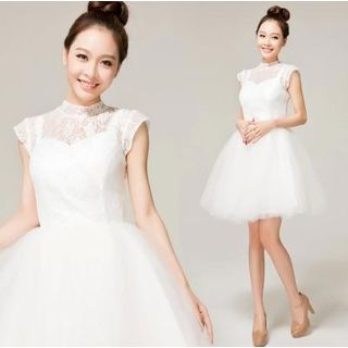 Beautiful Wedding Cap-Sleeve Lace Yoke Short Wedding Dress