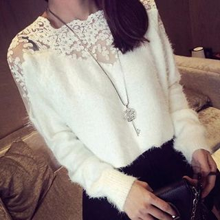 Glen Glam Lace Panel Furry Knit Pullover