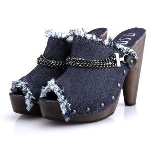 Chain-Accent Studded Denim Clog Mules